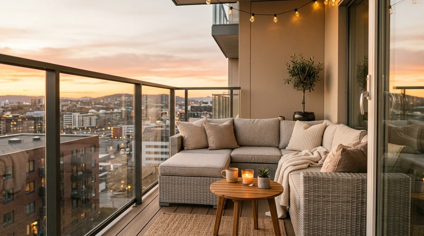 let the balcony feel personal and relaxed in a balcony inspired by inviting cozy gatherings.