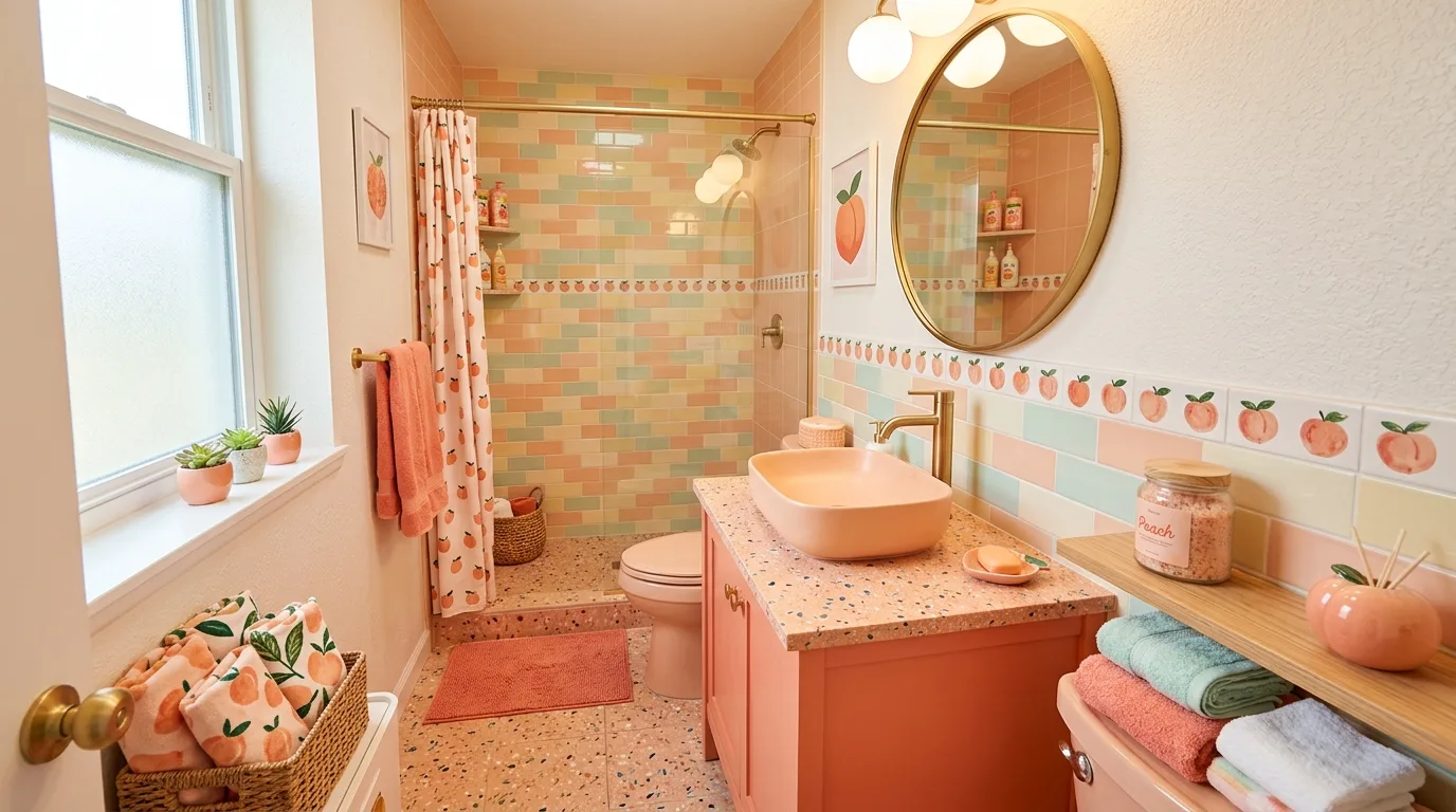 pair it with finishes that support the mood in a bathroom inspired by juicy peach fruity twist.