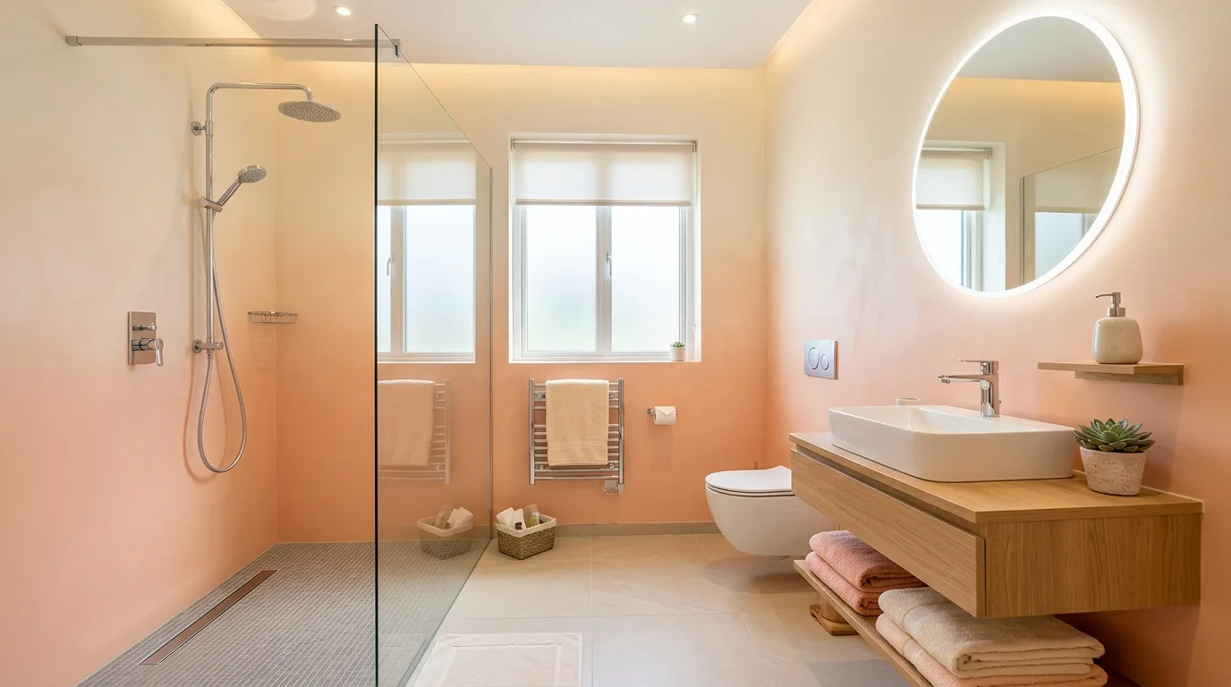 add texture for more depth in a bathroom inspired by juicy peach fruity twist.