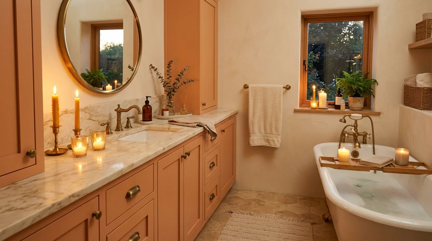 keep fixtures and lines thoughtful in a bathroom inspired by juicy peach fruity twist.