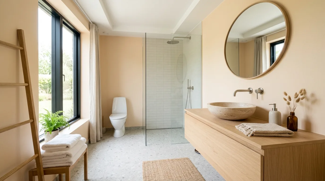 balance boldness with breathing room in a bathroom inspired by juicy peach fruity twist.