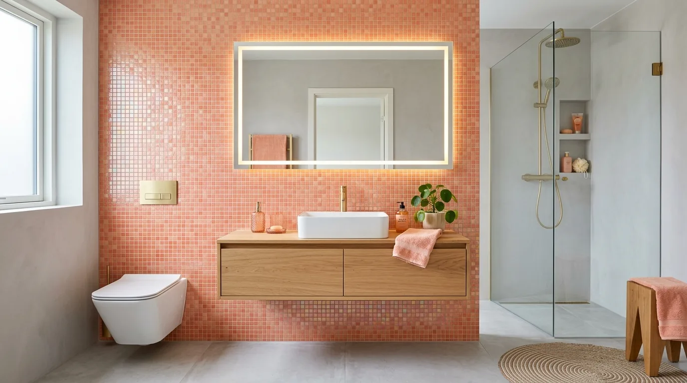 use decor that reinforces the look in a bathroom inspired by juicy peach fruity twist.
