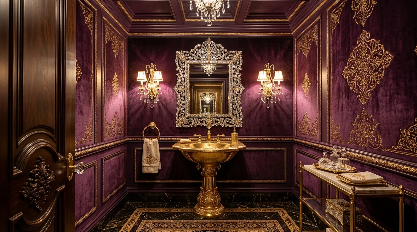 Lavish Purple Bathroom Ideas for a Jewel-Box Powder Room in a thoughtfully styled bathroom.