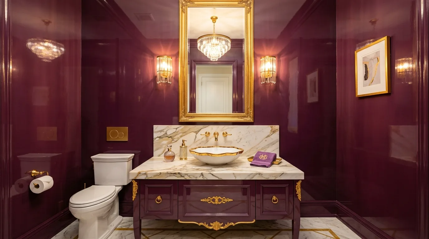 start with the main color or material story in a bathroom inspired by lavish purple jewel box.