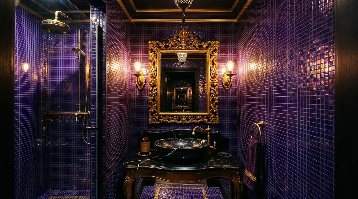 pair it with finishes that support the mood in a bathroom inspired by lavish purple jewel box.