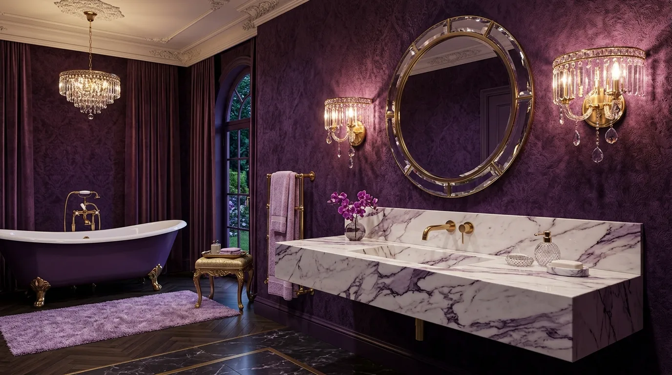 add texture for more depth in a bathroom inspired by lavish purple jewel box.
