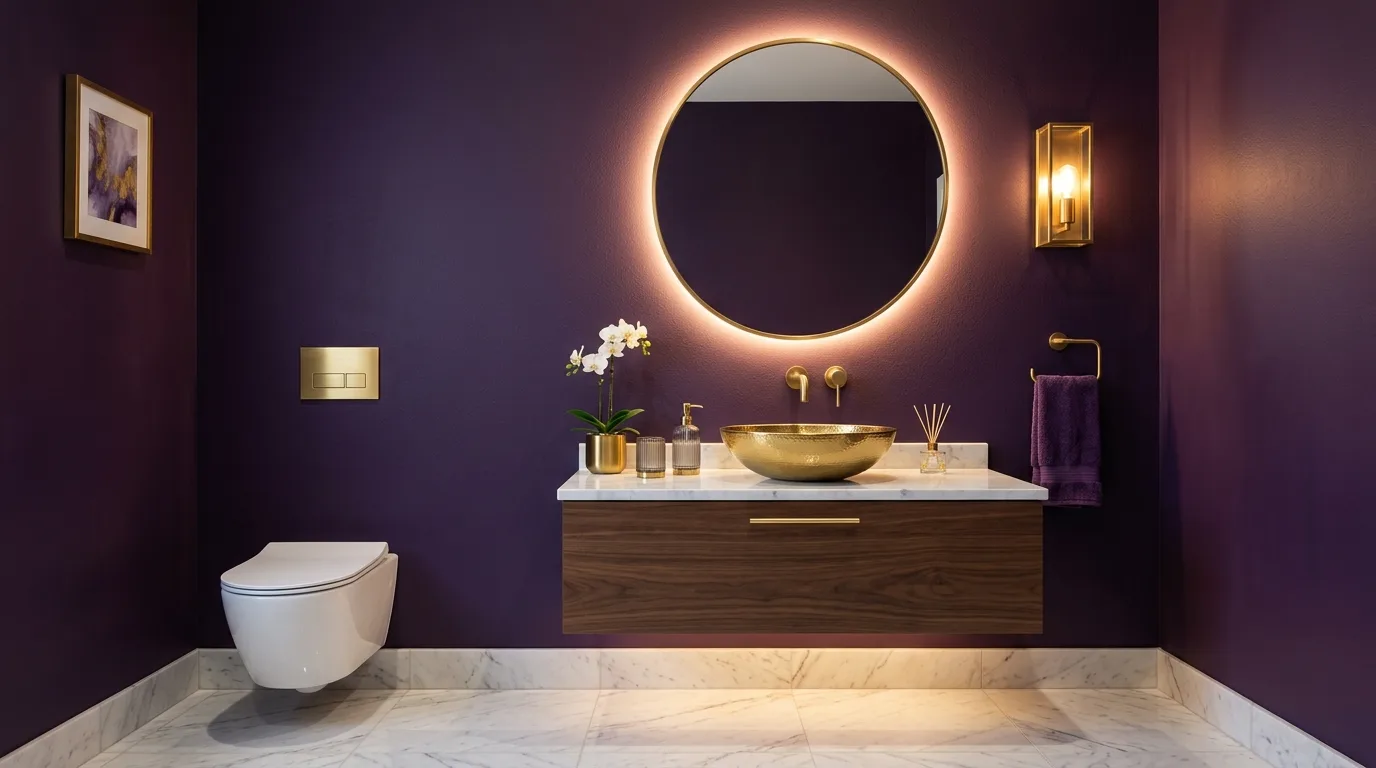 keep fixtures and lines thoughtful in a bathroom inspired by lavish purple jewel box.