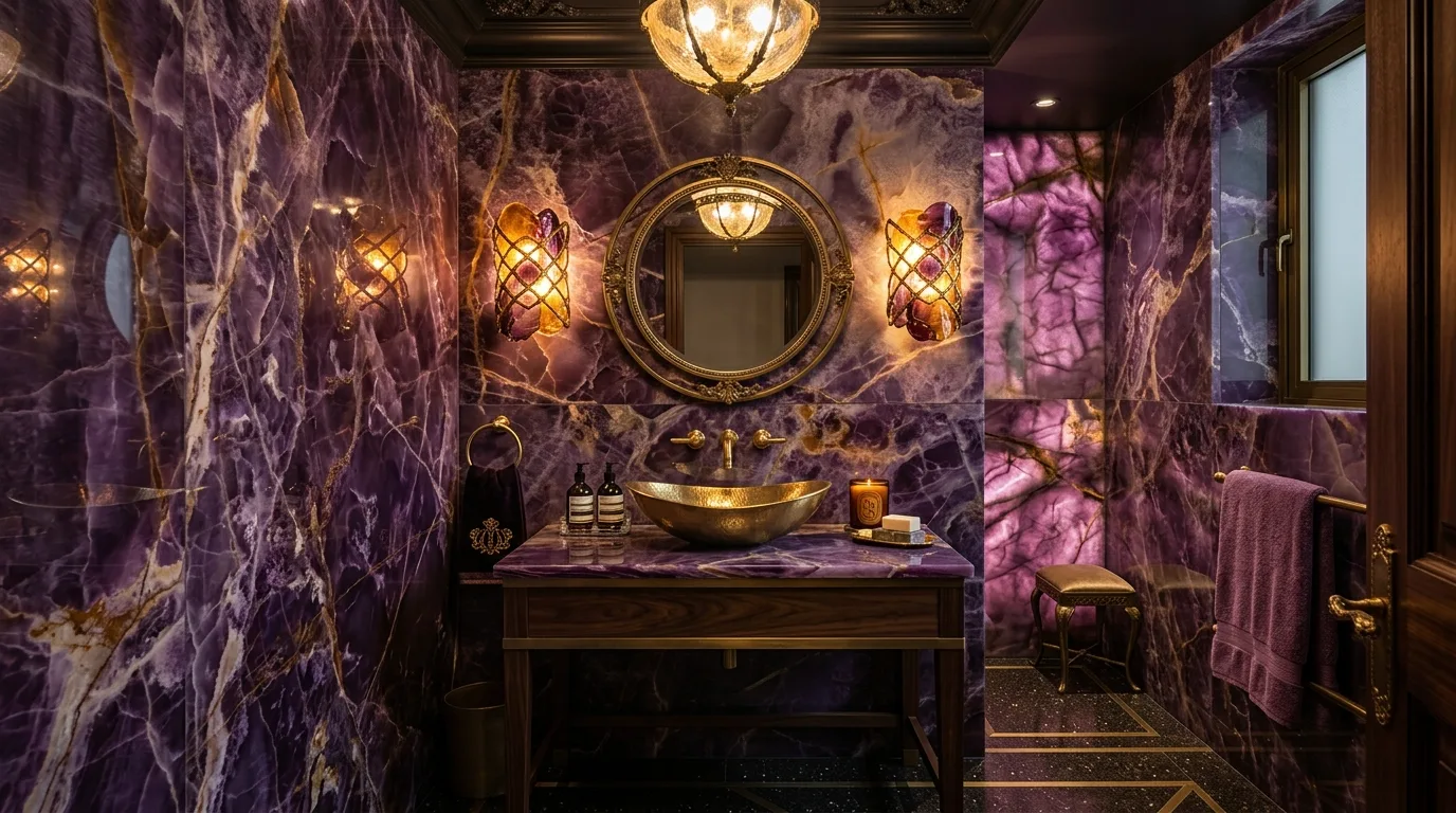 balance boldness with breathing room in a bathroom inspired by lavish purple jewel box.