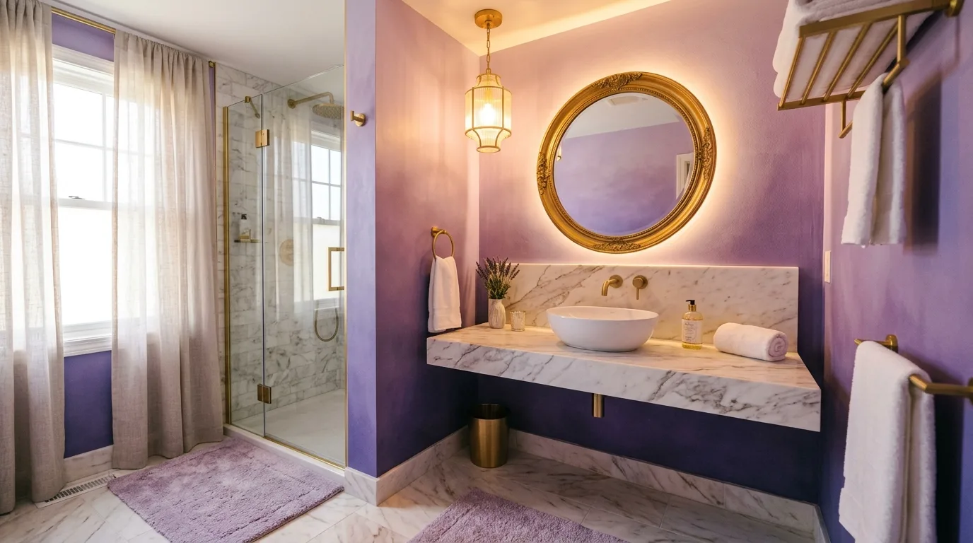 use decor that reinforces the look in a bathroom inspired by lavish purple jewel box.