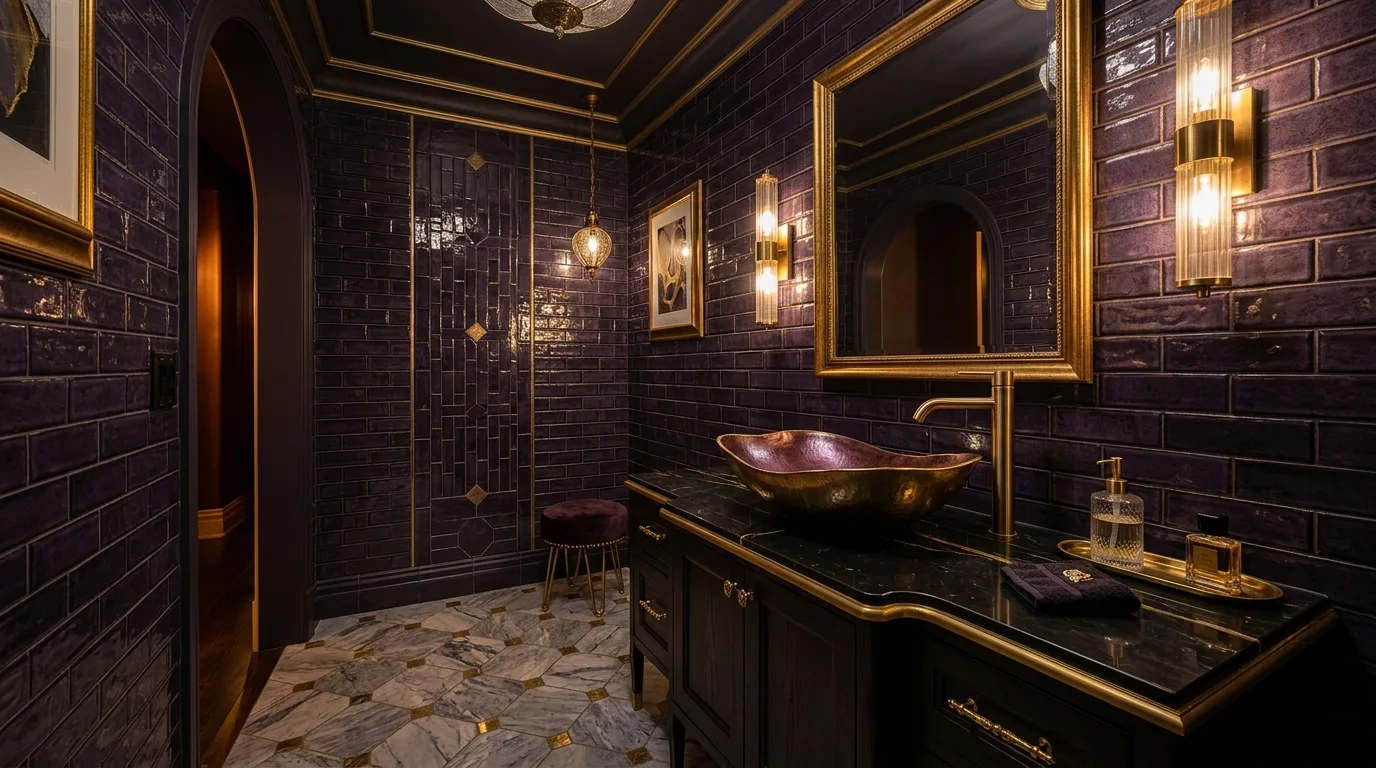 let the room feel personal and restful in a bathroom inspired by lavish purple jewel box.
