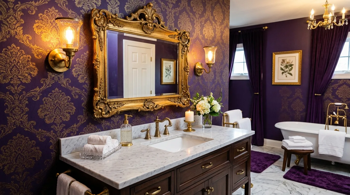 create a bathroom that feels complete in a bathroom inspired by lavish purple jewel box.