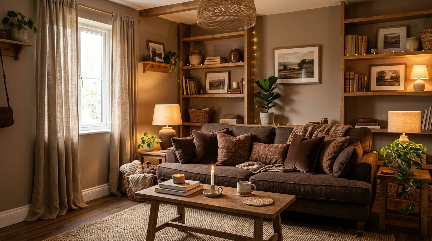 start with the main anchor piece in a living room inspired by layered brown warm minimalism.