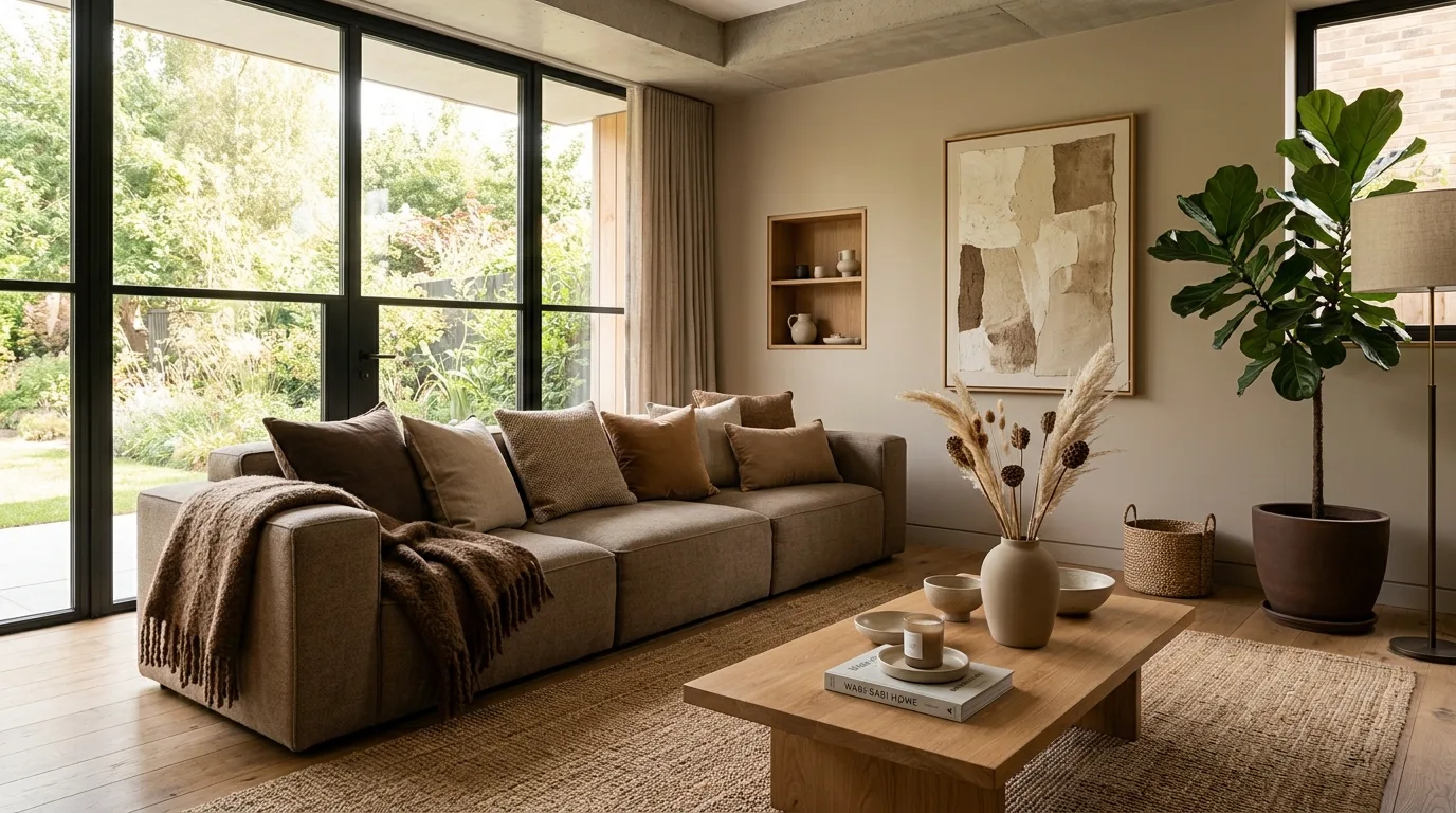 pair it with colors that support the mood in a living room inspired by layered brown warm minimalism.