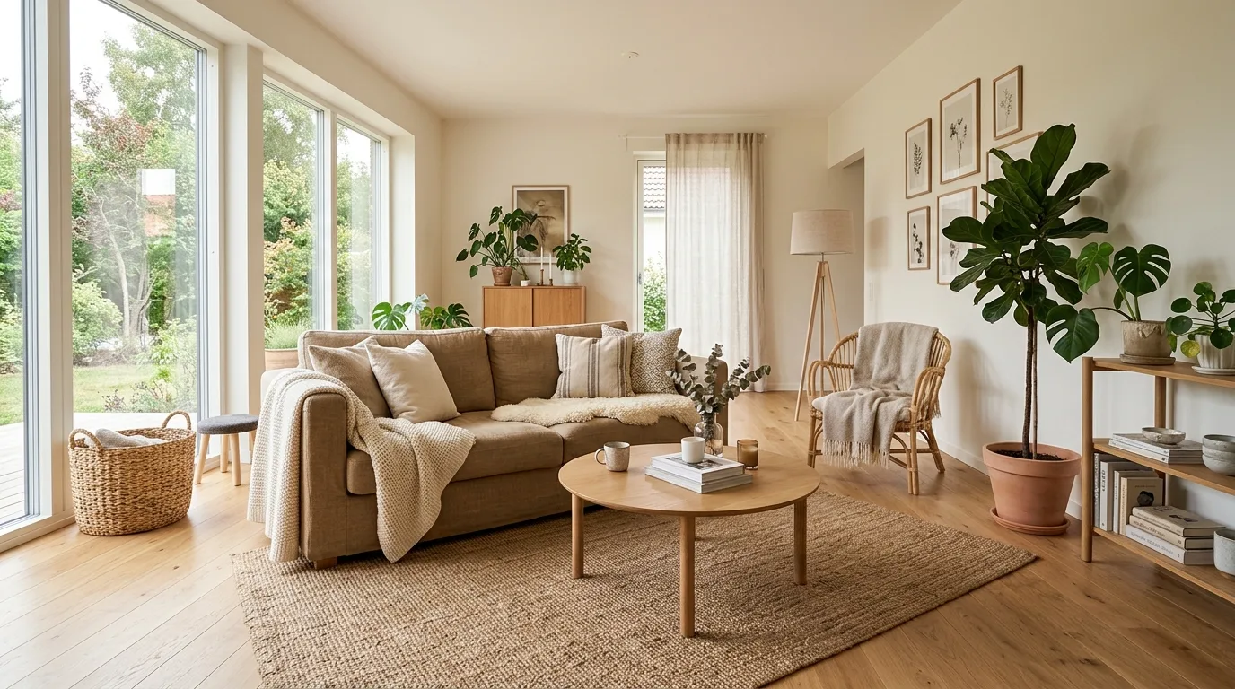 use lighting to warm the room in a living room inspired by layered brown warm minimalism.