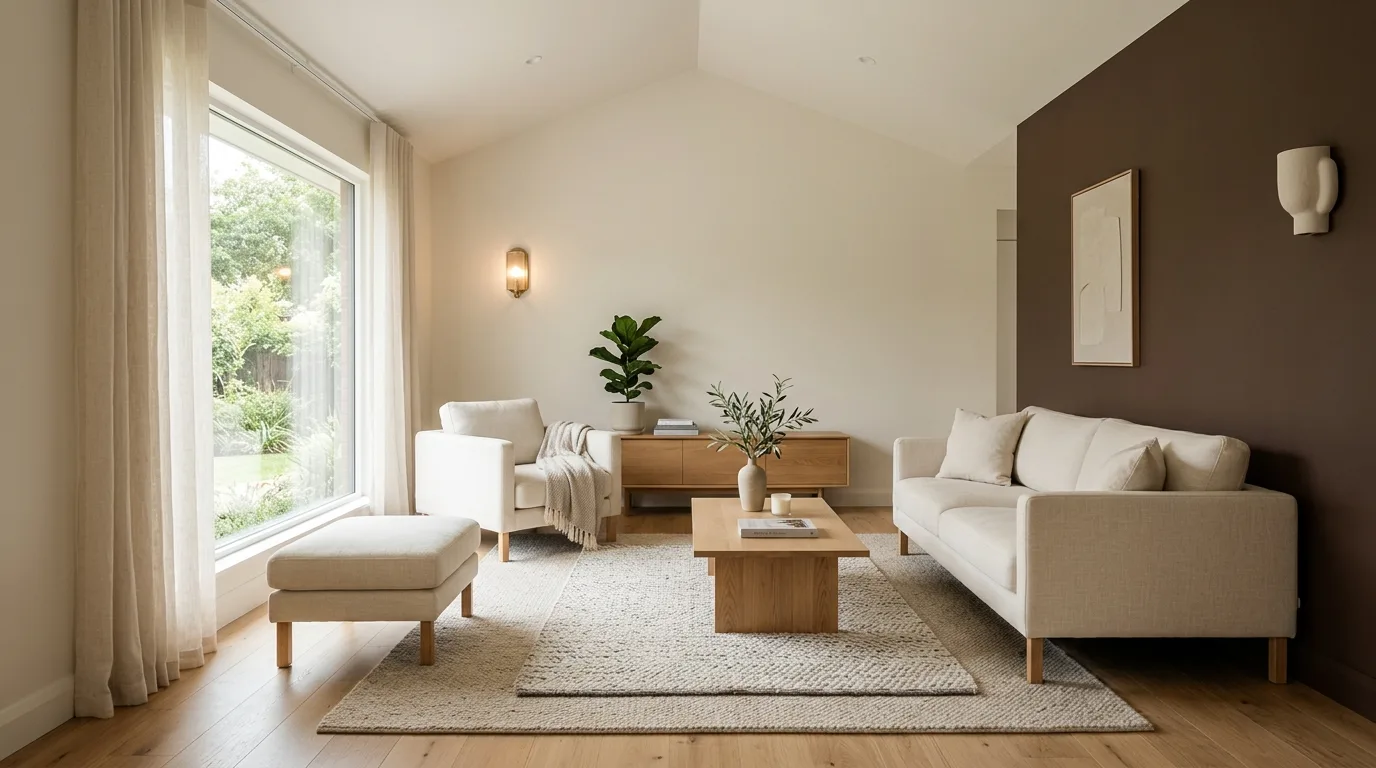 keep furniture placement intentional in a living room inspired by layered brown warm minimalism.