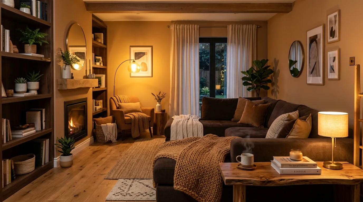 balance contrast with softness in a living room inspired by layered brown warm minimalism.