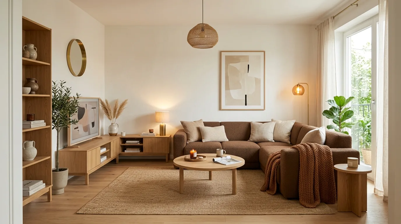let the room feel relaxed and personal in a living room inspired by layered brown warm minimalism.