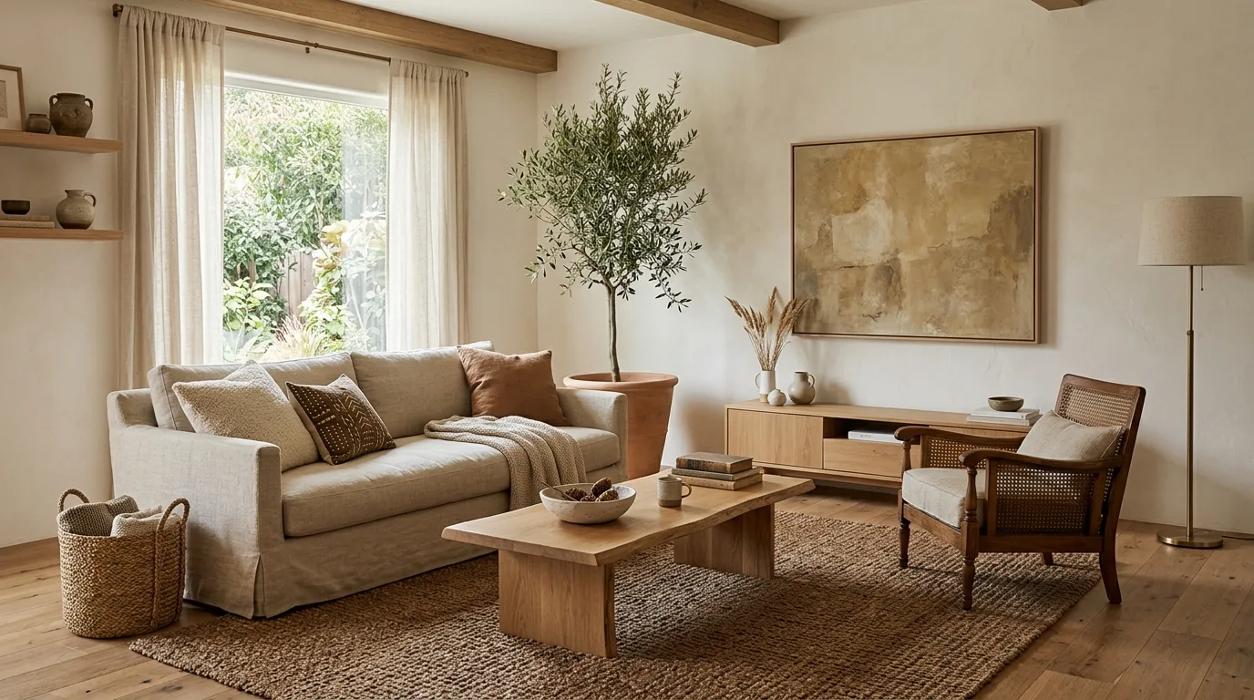 create a living room that feels complete in a living room inspired by layered brown warm minimalism.
