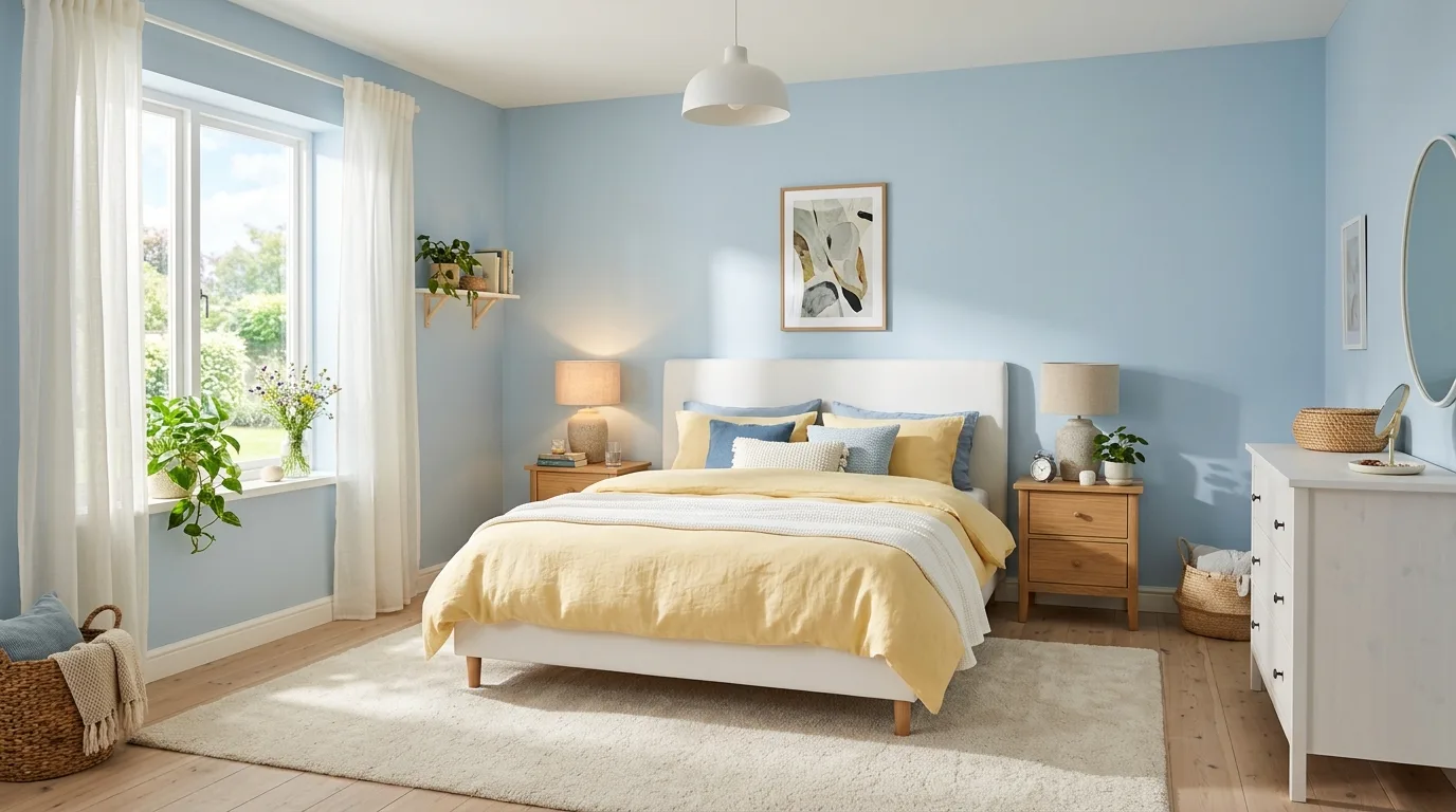 Soft light blue and yellow bedroom with airy bedding and cheerful accents.