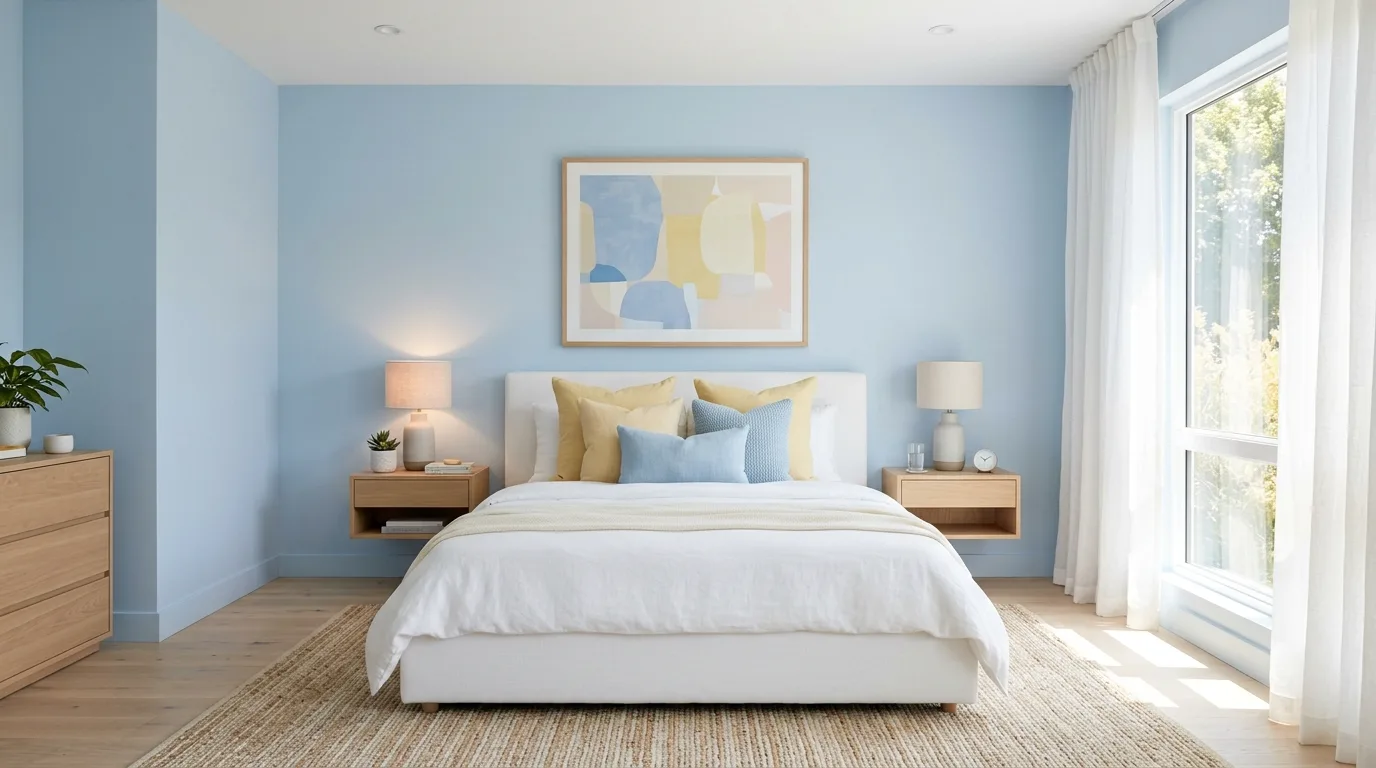 Pale blue bedding with yellow accent pillows in a cheerful bedroom.