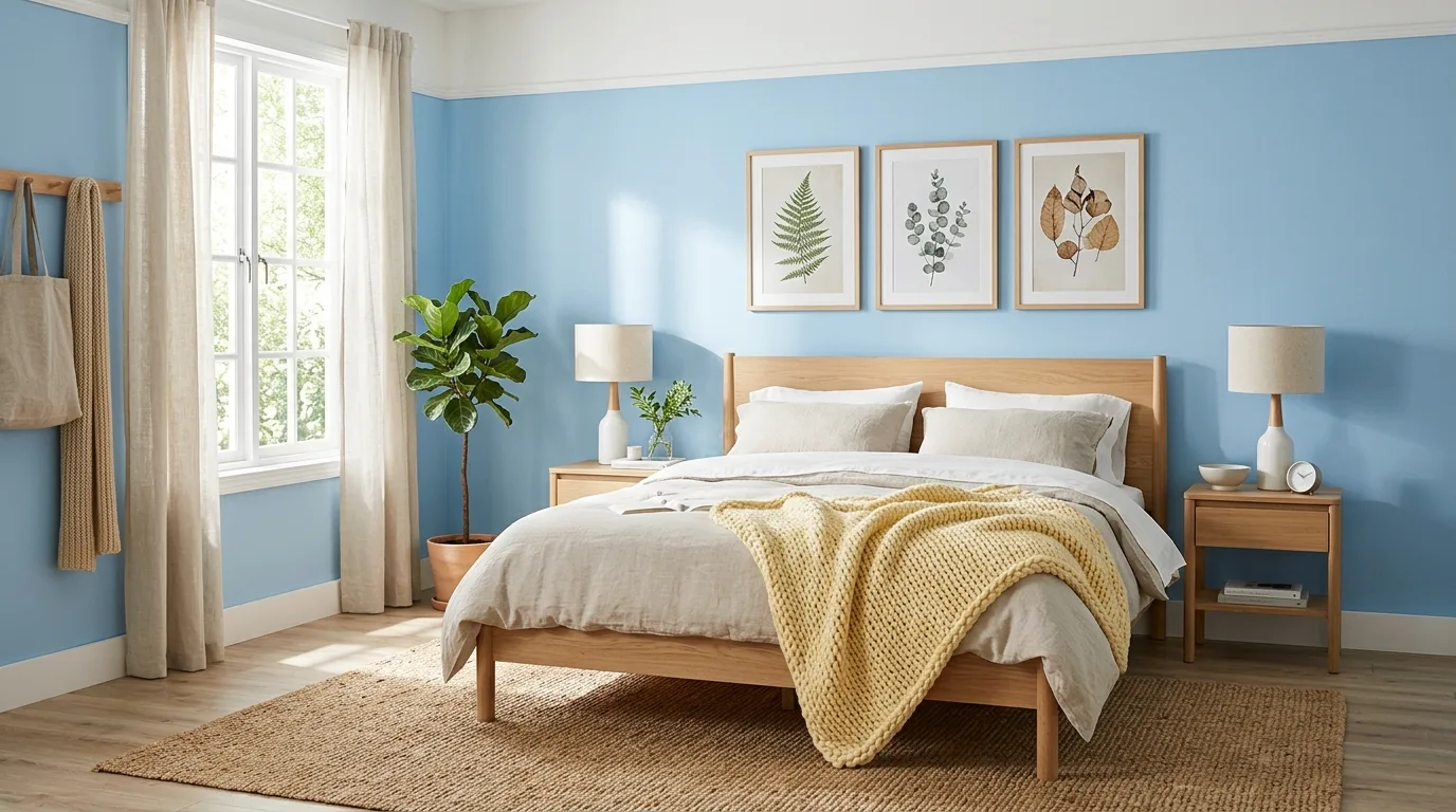 Bedroom with floral blue and yellow textiles and soft layered decor.