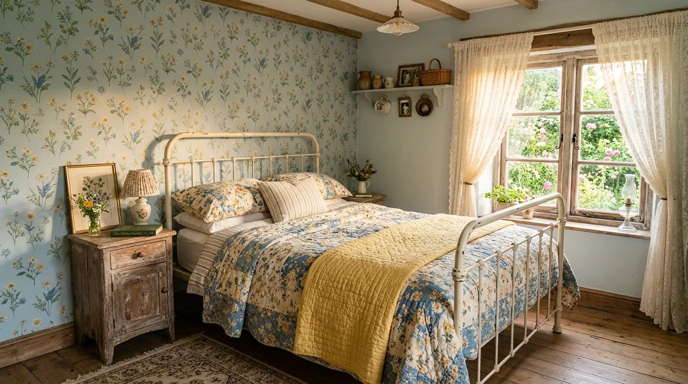 Blue bed with yellow bench at the foot in a bright cheerful bedroom.