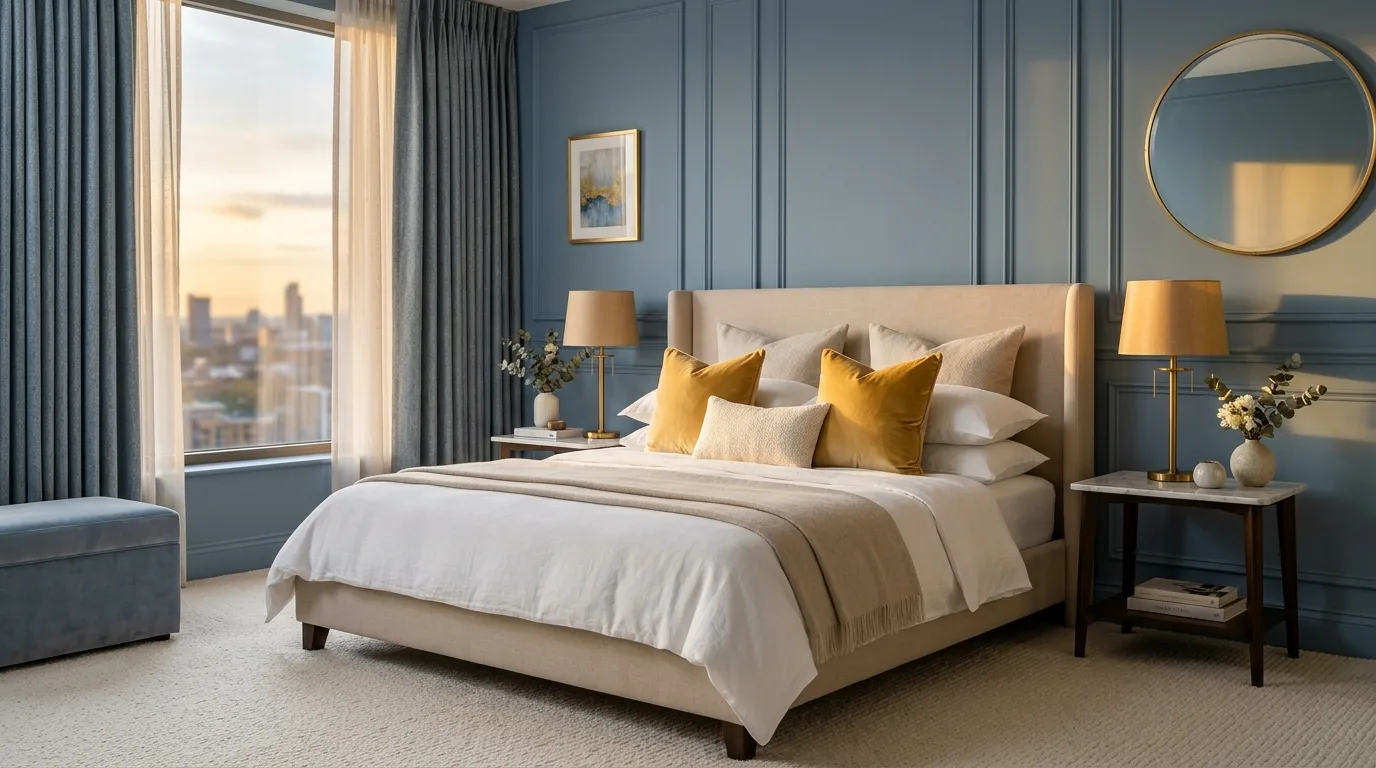 Powder blue paneled bedroom with soft lemon details and white bedding.