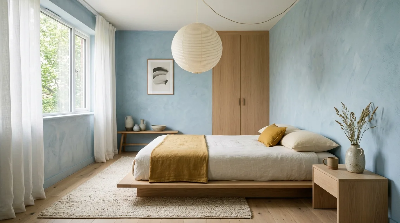 Soft blue wallpaper with mustard yellow throws in a cozy bedroom.