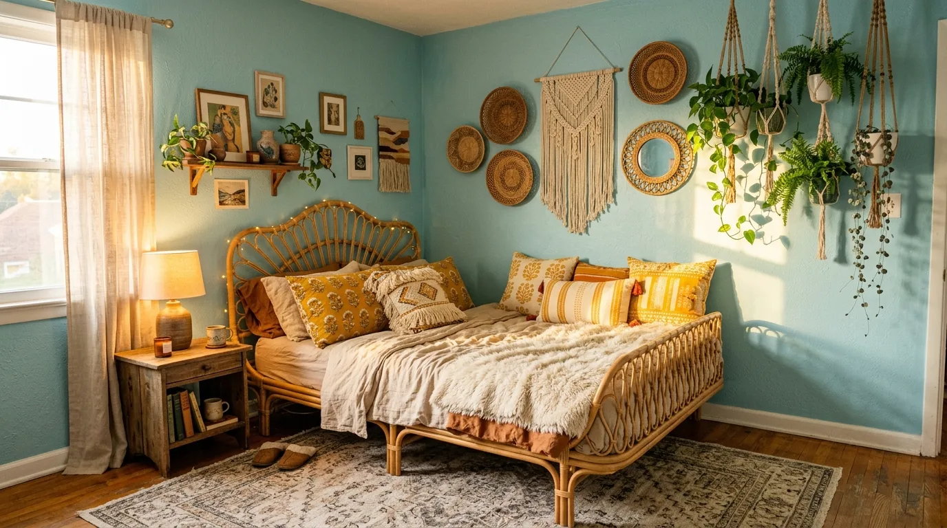 Fresh striped blue and yellow bedding in an airy bedroom.