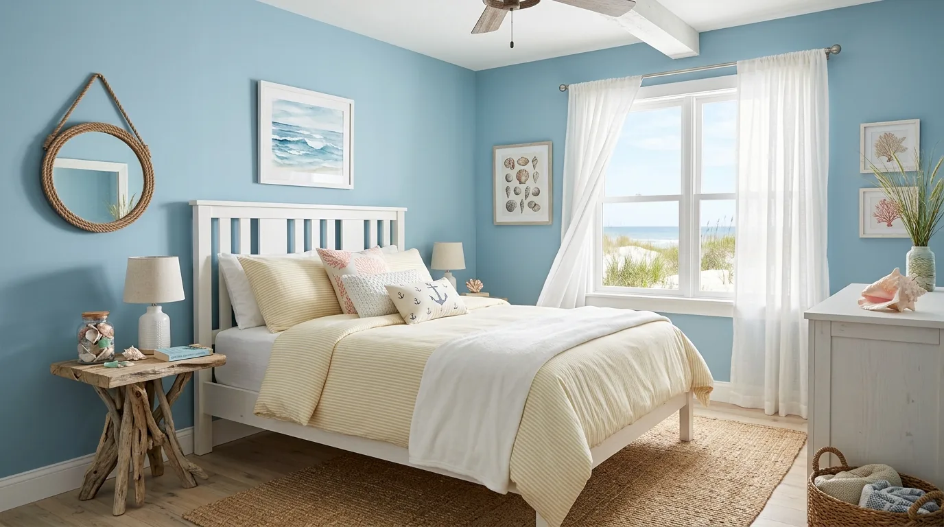 Pale yellow bedroom walls with blue linen bedding and a natural wood bed.