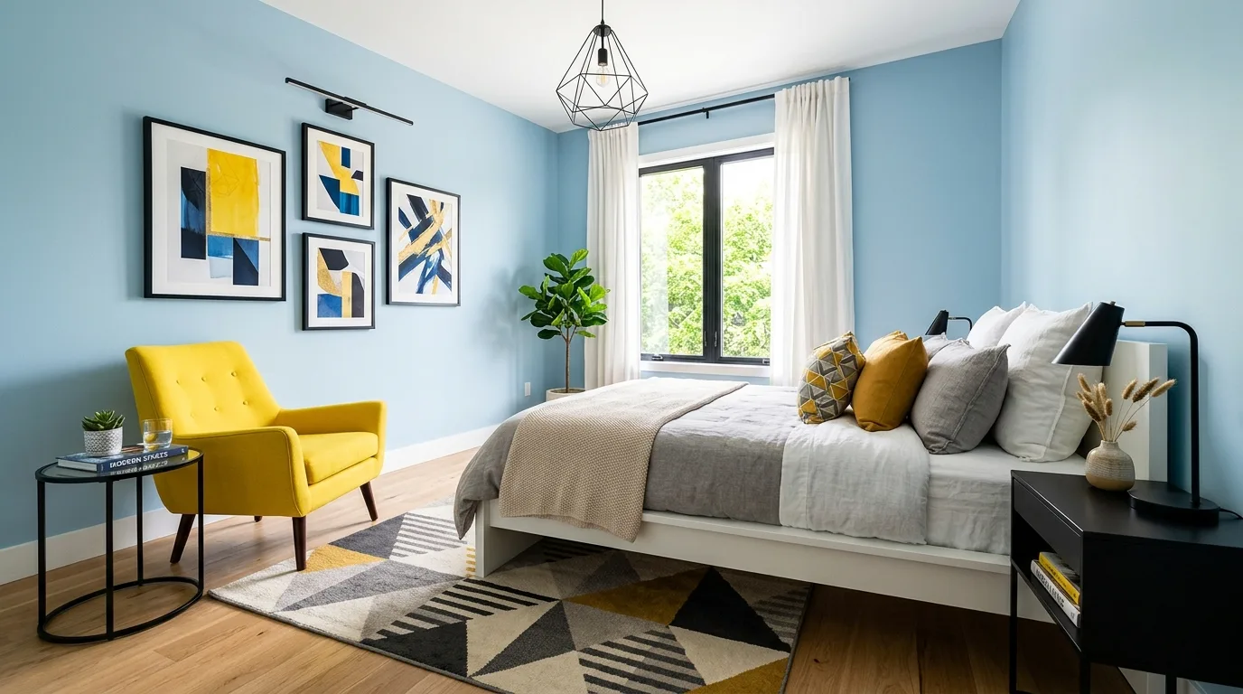 Mostly blue bedroom brightened by cheerful yellow art and accents.