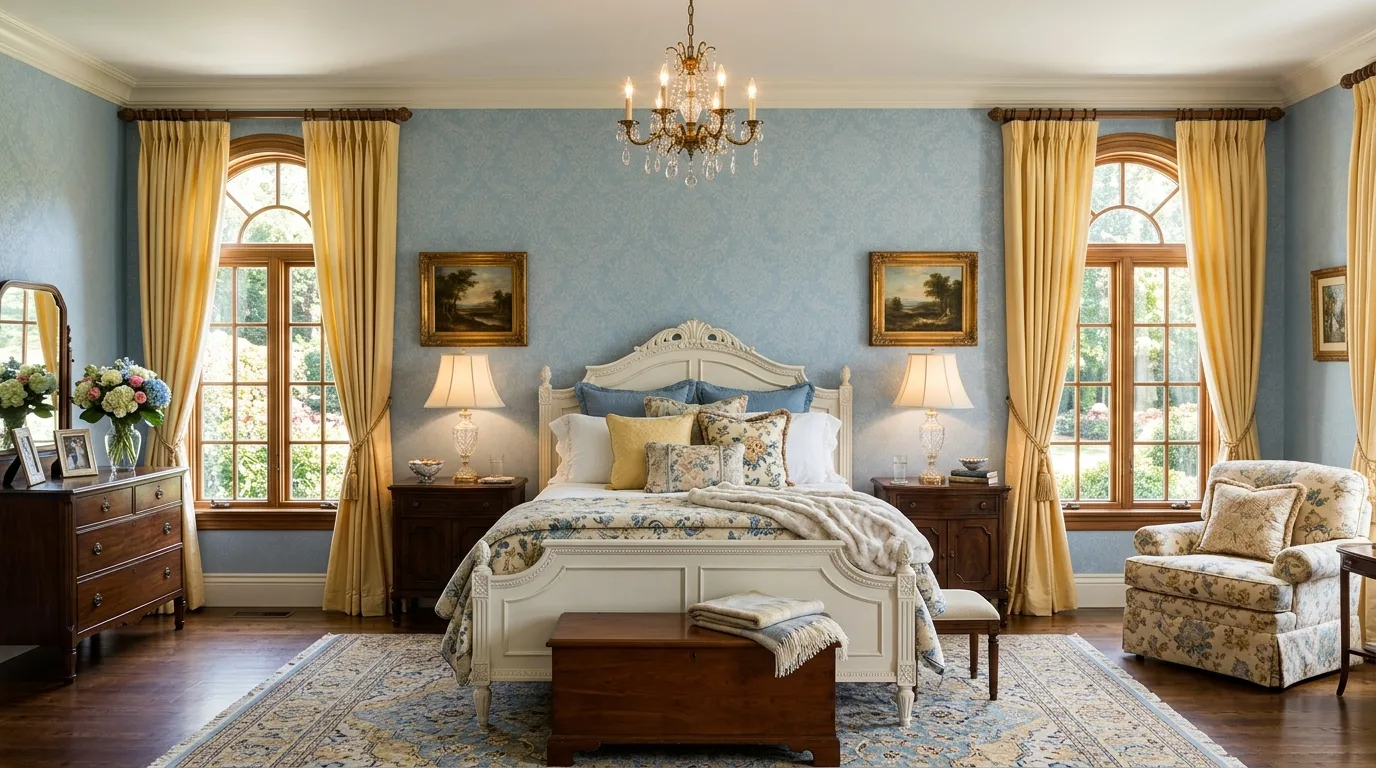 Blue canopy bed with golden yellow details in a dreamy bedroom.
