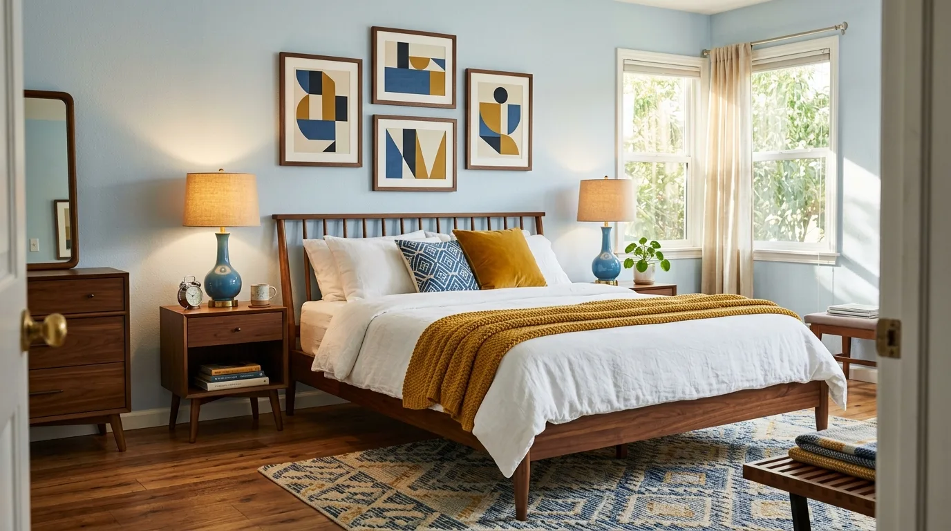 Cottage bedroom in blue with sunflower yellow accents and floral details.