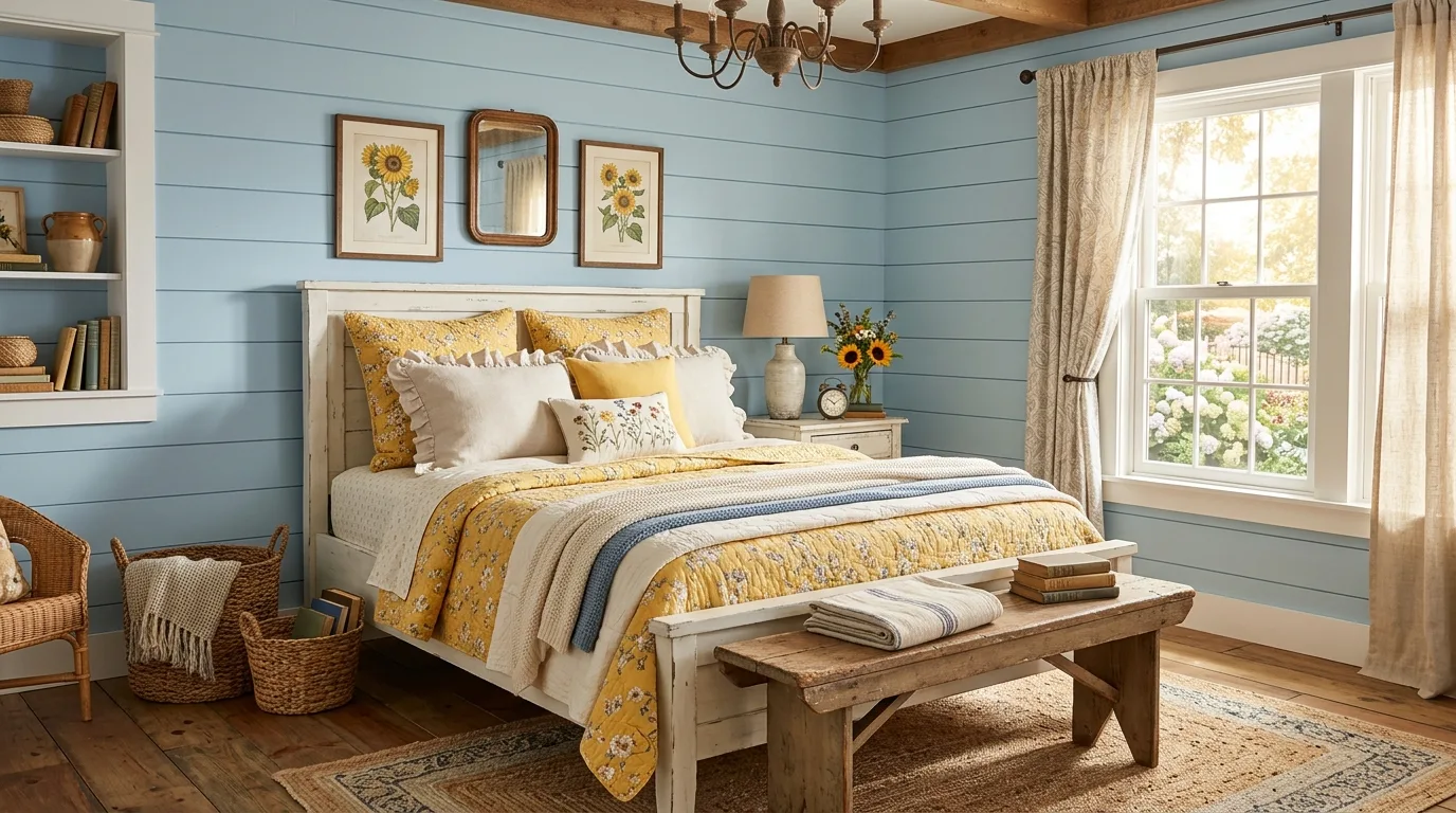 Minimal blue bedroom with one yellow accent chair by the window.