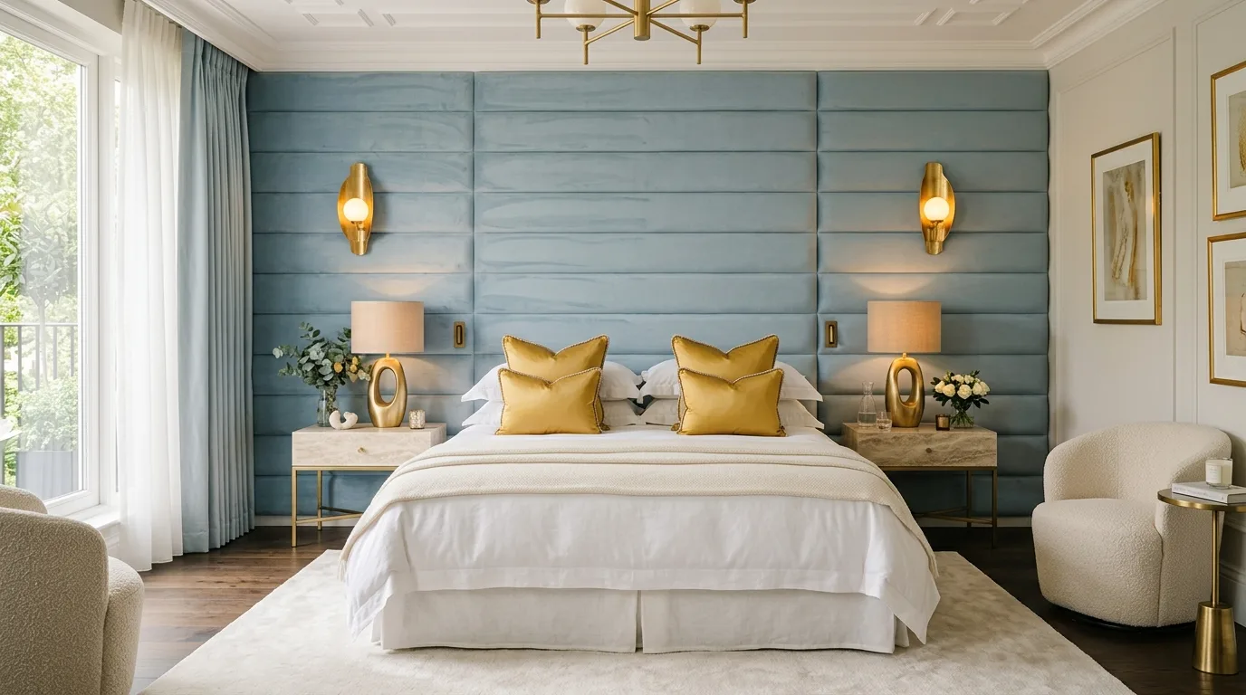 Pastel blue and yellow layered bedroom with a soft glowing morning feel.