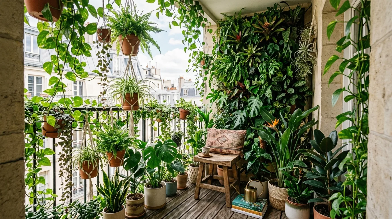 Lush small balcony garden styled like an urban jungle retreat.