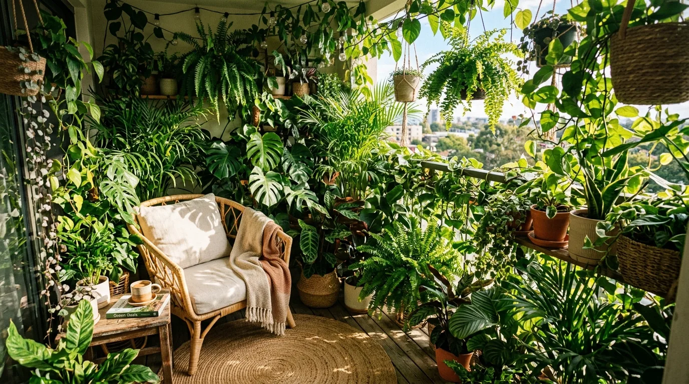 Railing planters adding lush greenery to a small balcony garden.