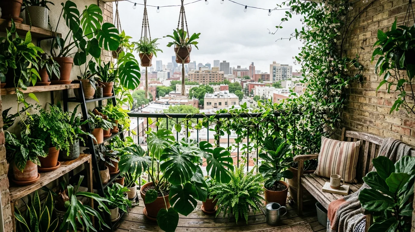 Mixed leaf shapes creating a wilder urban jungle balcony look.