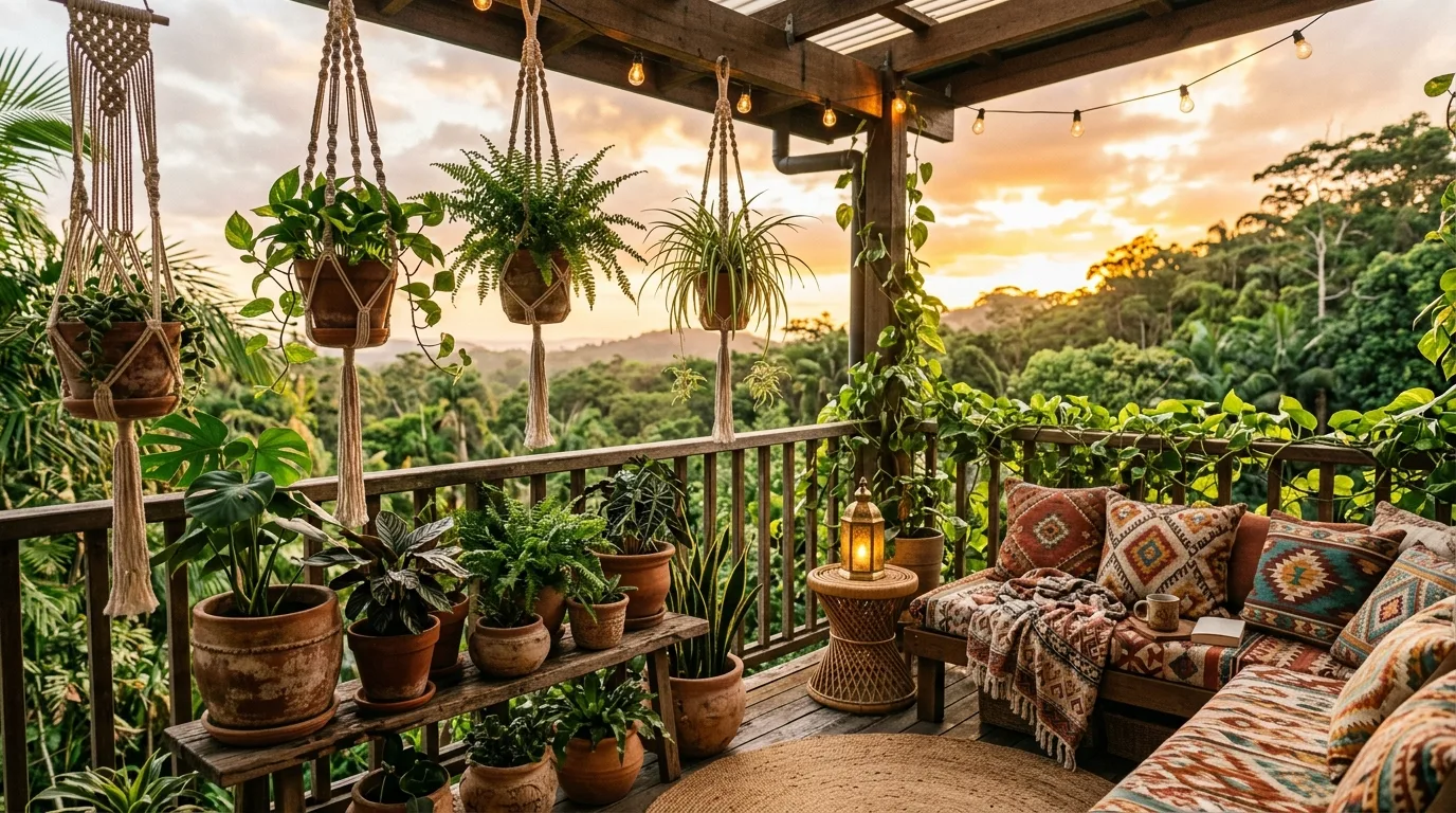 Balcony bench surrounded by lush greenery in an urban jungle retreat.