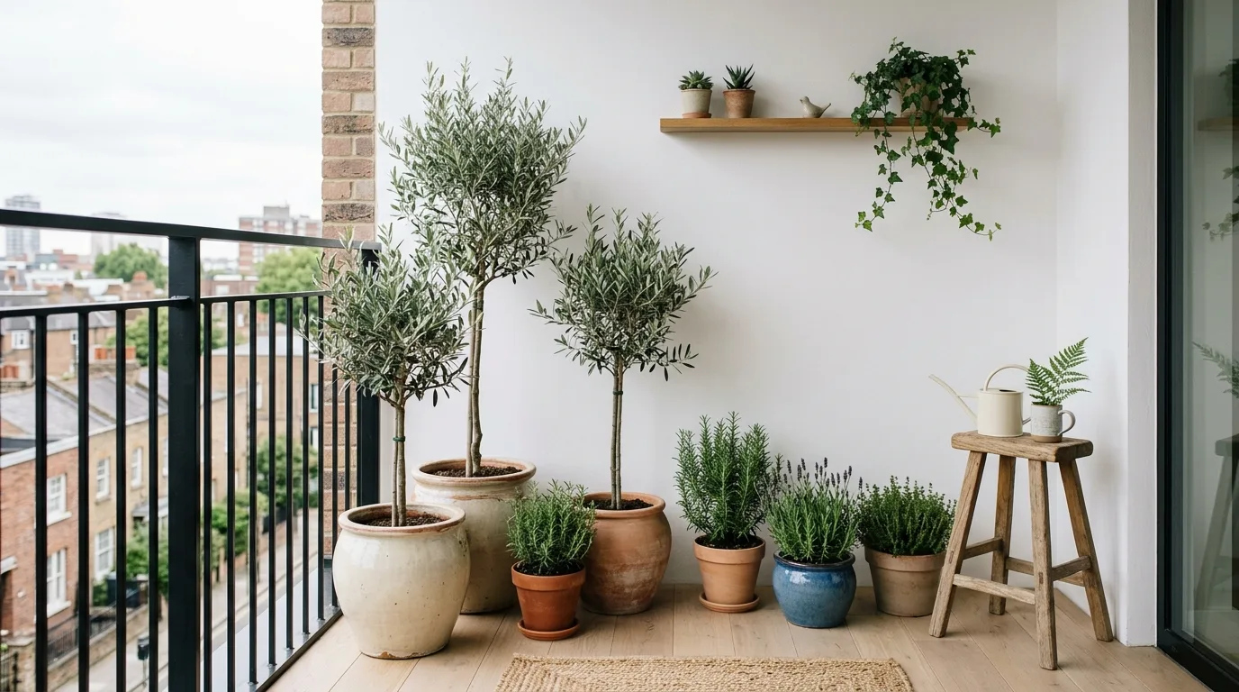 Vertical plant shelving maximizing a lush small balcony garden.