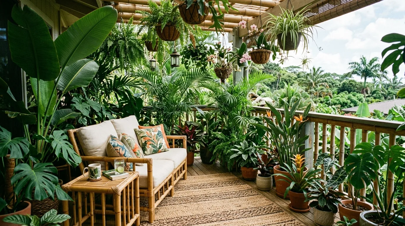 Trailing vines softening the edges of a small balcony garden.