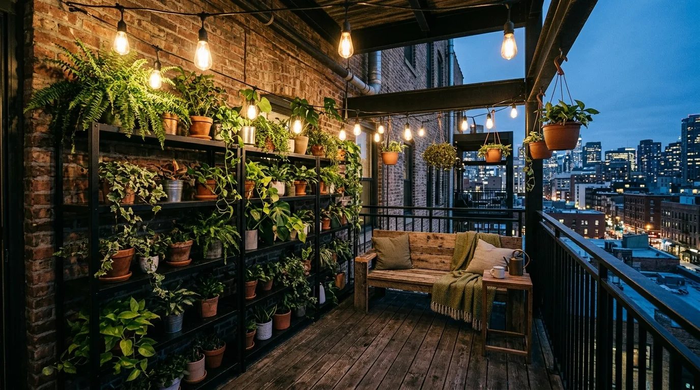 Mostly green plant palette creating a calm balcony garden retreat.