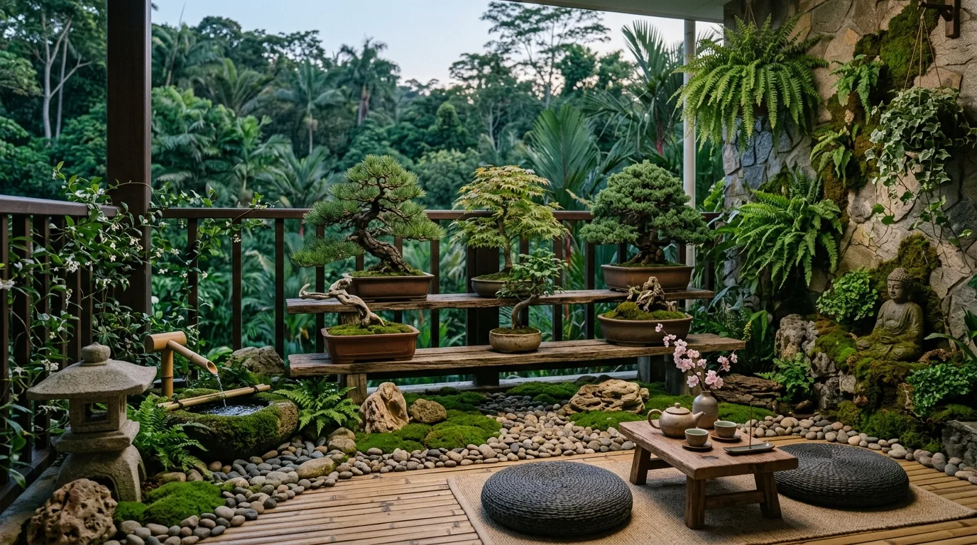 Natural pots and textures styling a lush small balcony garden.