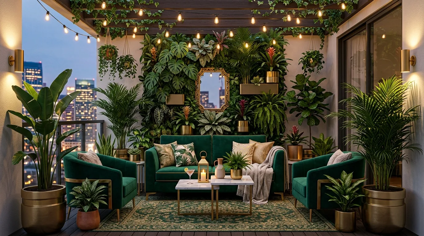 Dense green corner pocket on a small balcony urban jungle.