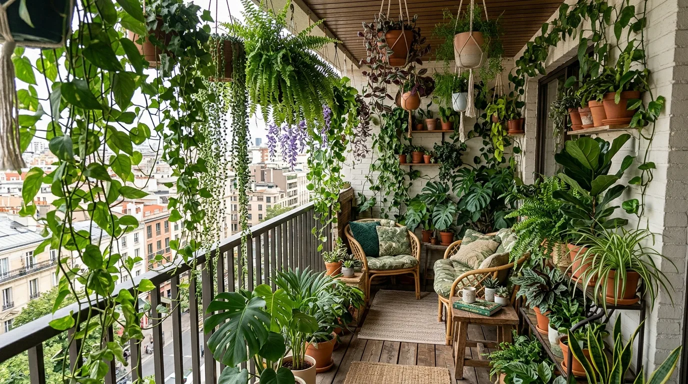 Soft lighting glowing among plants on a lush small balcony garden.