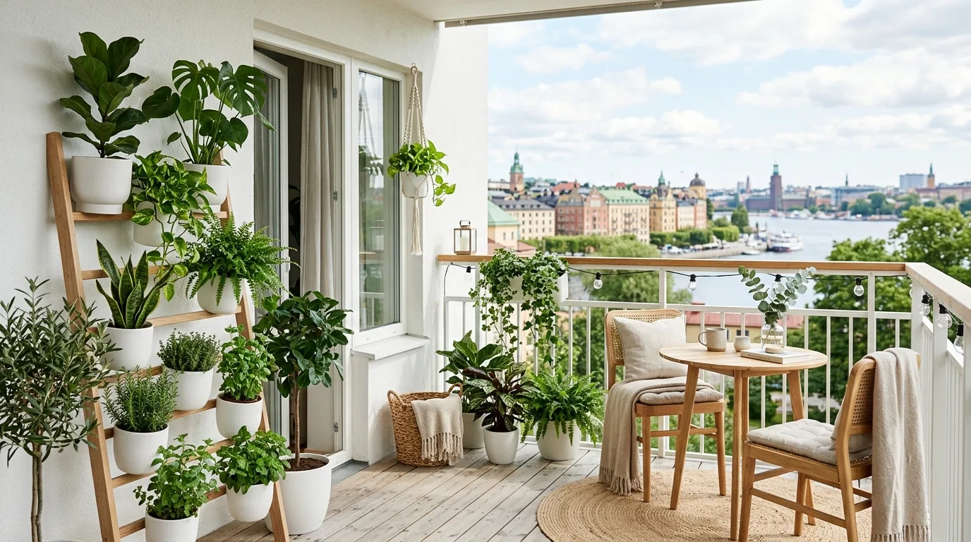 Clear path maintained through a lush small balcony garden.