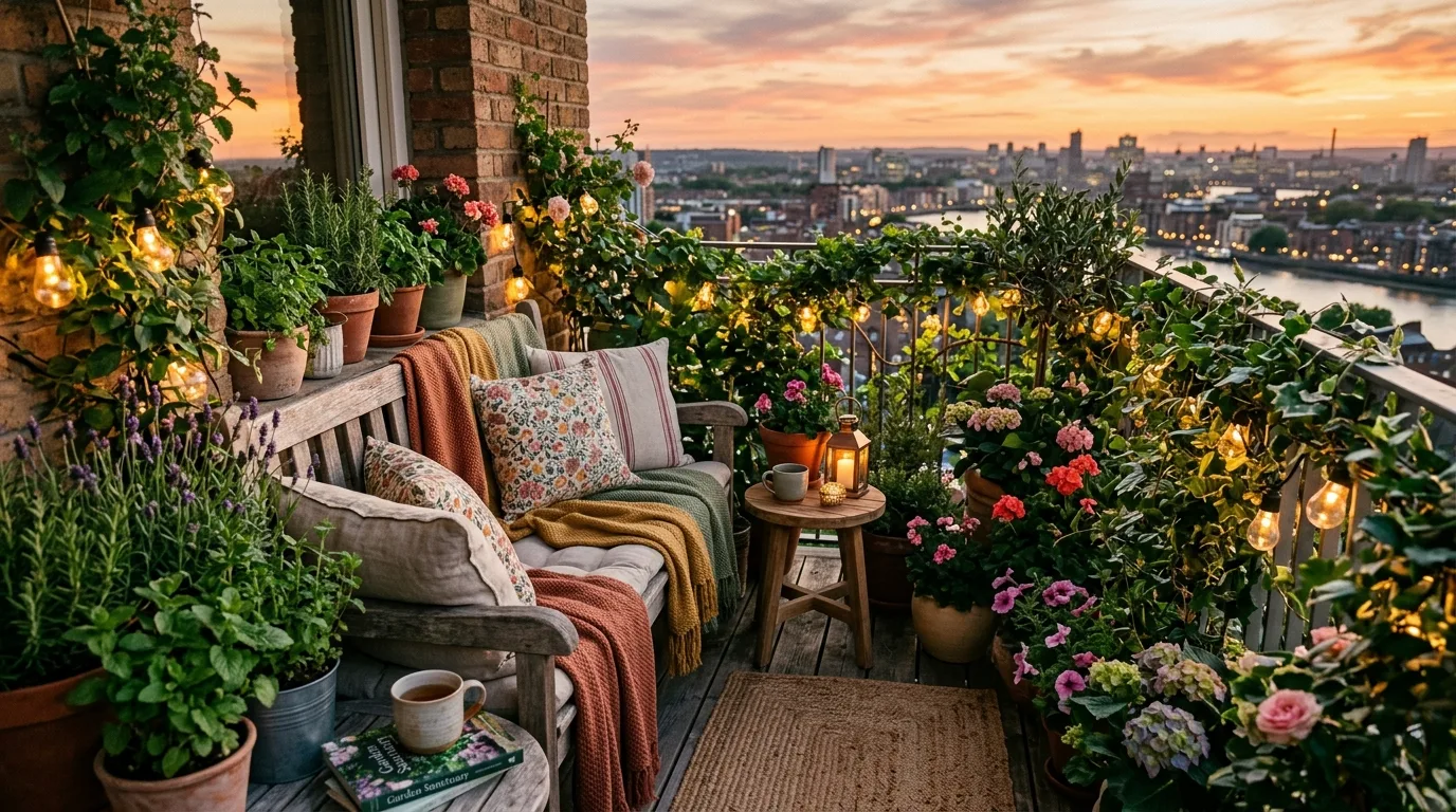 Healthy balcony plants chosen to match the outdoor light conditions.