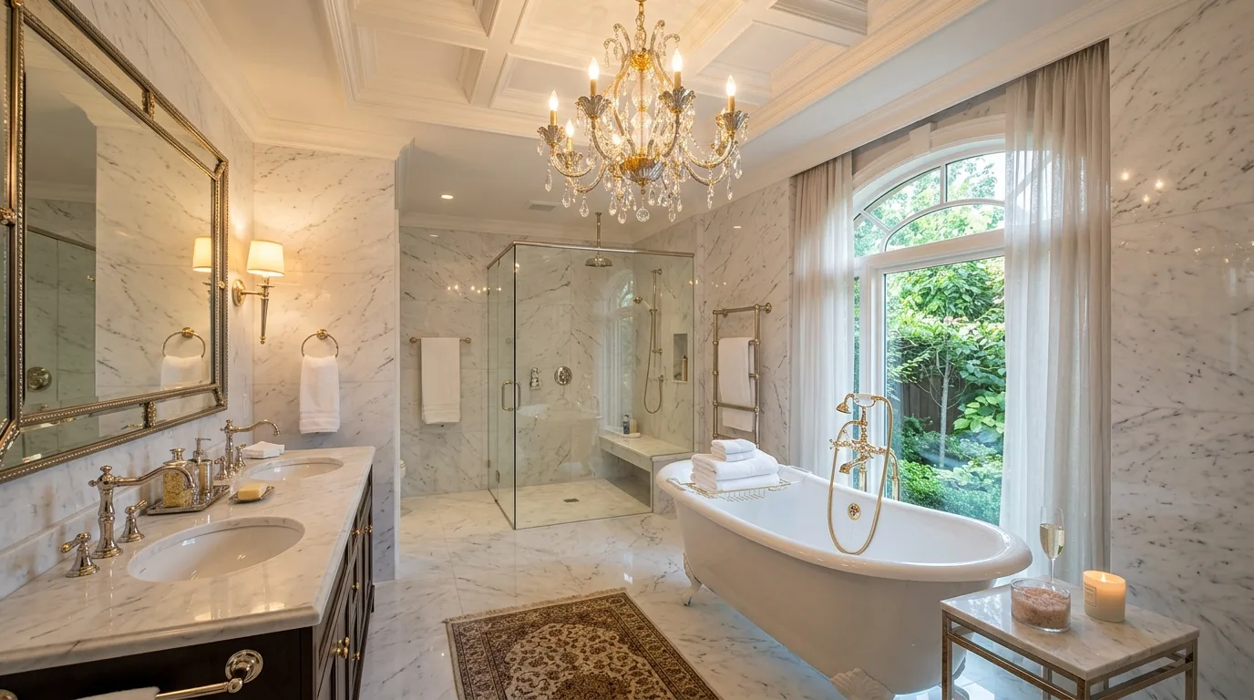 Luxe bathroom blending silver and gold finishes with mixed metal mastery.