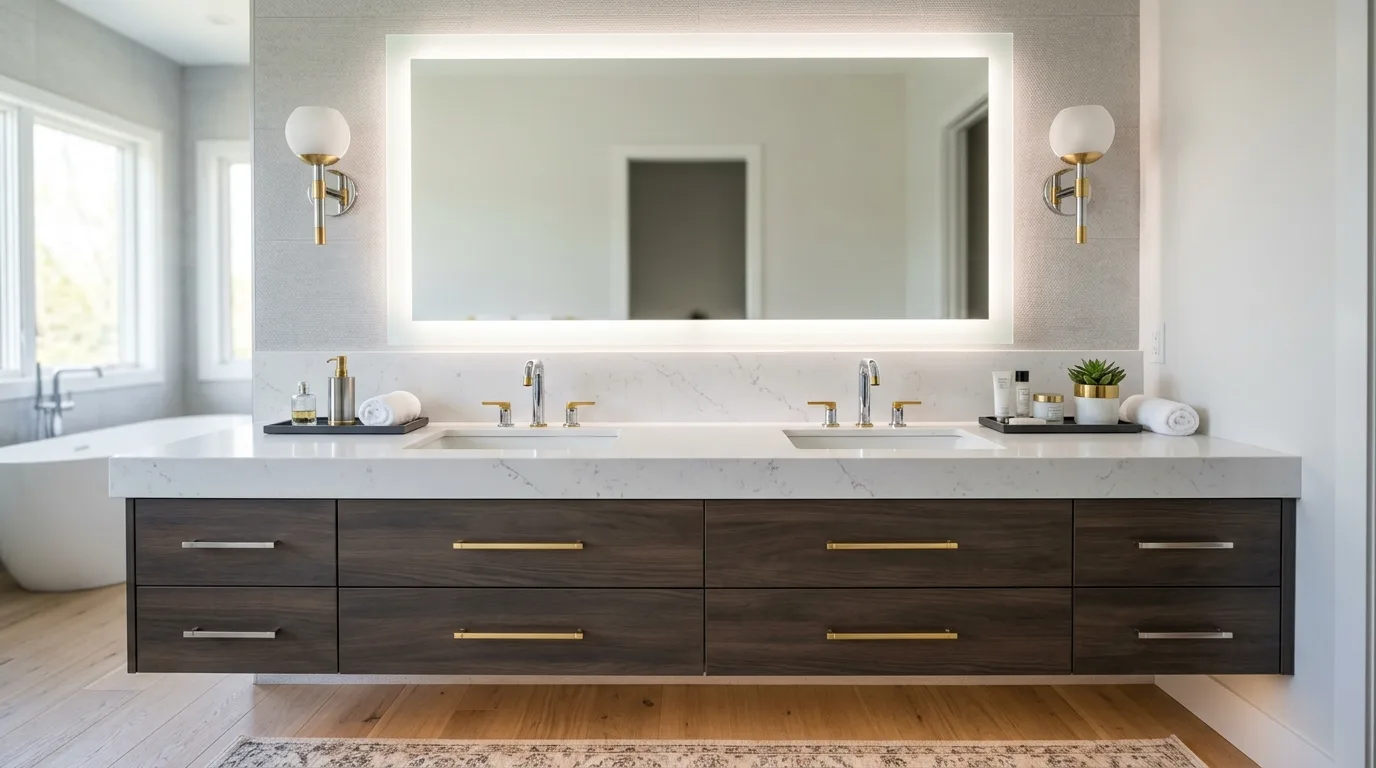 Bathroom where one mixed metal finish takes the lead.