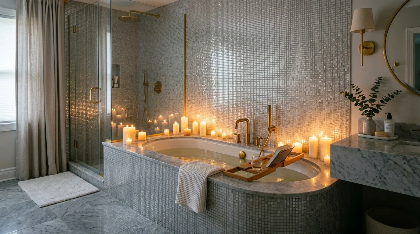 Silver and gold finishes repeated with purpose in a bathroom.